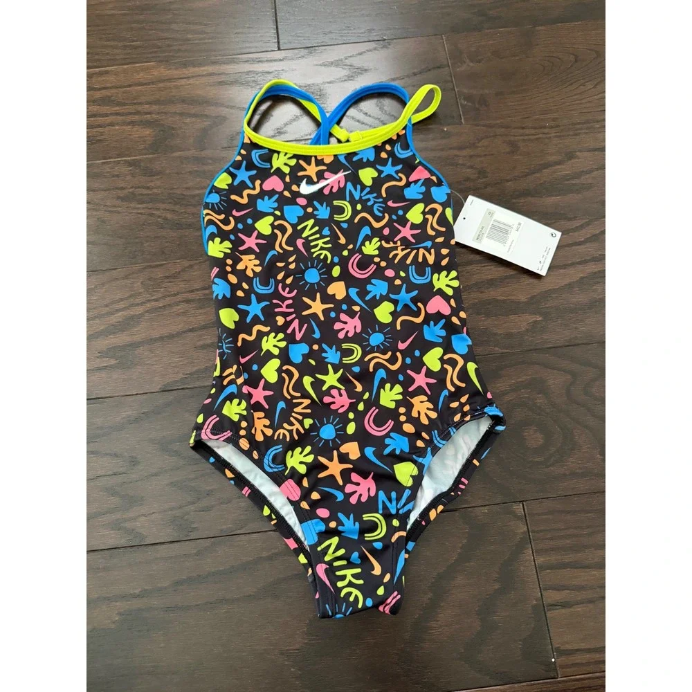 Nike Girls One Piece Swimsuit Neon Doodle Print Crossback Black NESSC715-001 XS